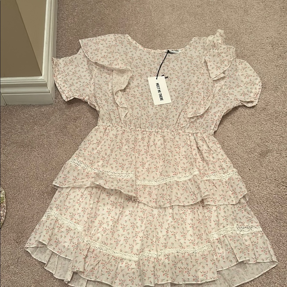 Cream Tiered Ruffled Sundress with Crew Neck